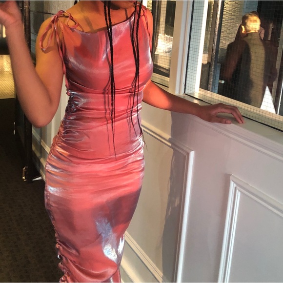 Pink Iridescent Satin Midi Dress - Picture 3 of 4